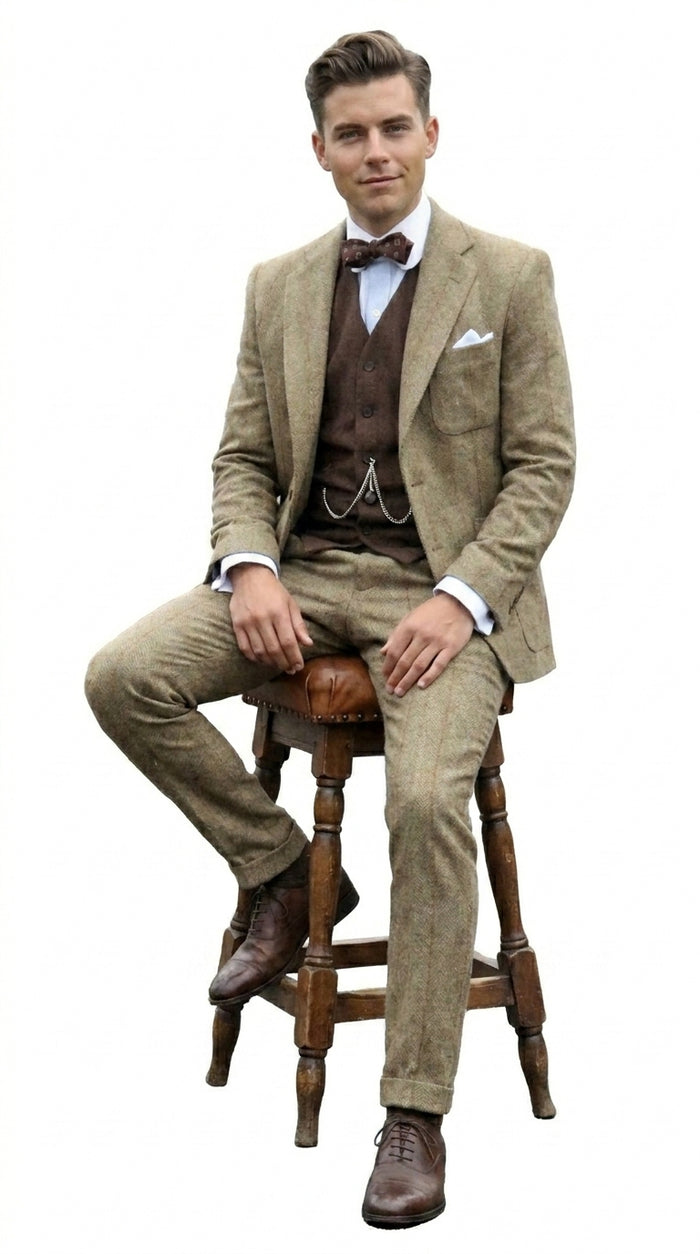 Men’s Taupe Great Gatsby Style 3 Piece Vested Suit, Vintage Wedding Prom Formal Suit Set