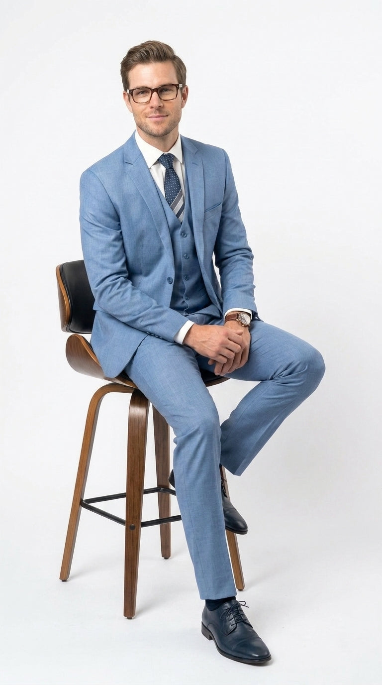 Men’s Steel Blue Sharkskin Textured 3 Piece Suit, Dusty Blue Formal Wedding Dress Suit