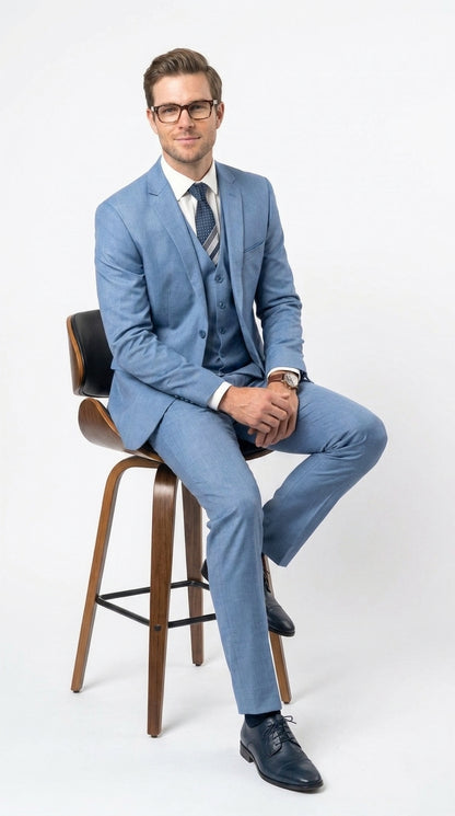 Men’s Steel Blue Sharkskin Textured 3 Piece Suit, Dusty Blue Formal Wedding Dress Suit