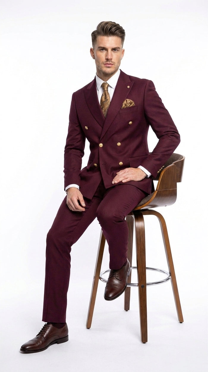 Men’s Burgundy Double Breasted Suit with Gold Buttons, Formal Wedding Prom Dress Suit