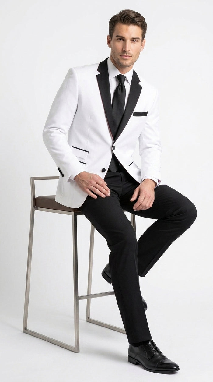 Boys White and Black Two Tone Tuxedo Suit, 2 Button Wedding Party Dinner Jacket with Black Pants
