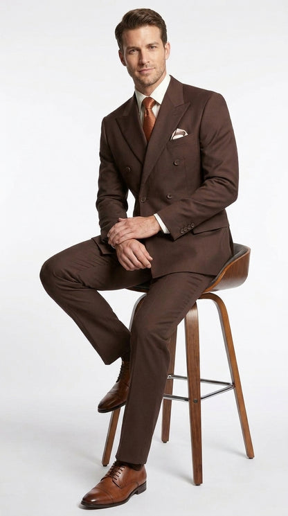 Men's Brown Double-Breasted Poplin Suit – Classic 6 Button Business, Wedding & Formal Suit for Men