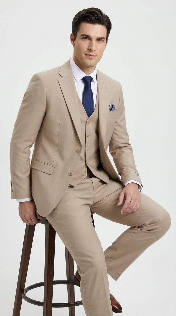 Stacy Adams Men’s Tan 3-Piece Suit – Two-Button Jacket, Matching Vest and Dress Pants