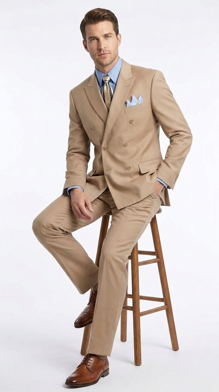 Men’s Tan Double-Breasted Suit – Classic Peak Lapel Business, Wedding and Formal Suit