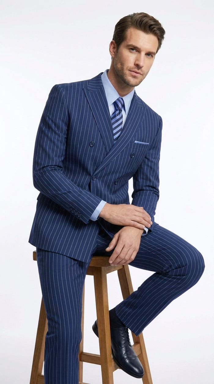 Men’s Royal Blue Pinstripe Double-Breasted Suit – 1920s Gangster Wedding, Prom and Business Suit