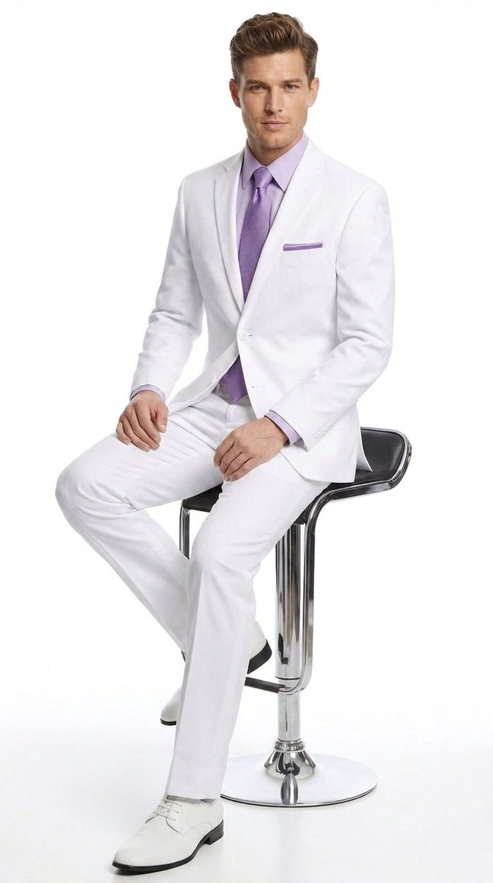 Men’s White Two-Button Poplin Suit – Modern Wedding, Prom and Formal Suit