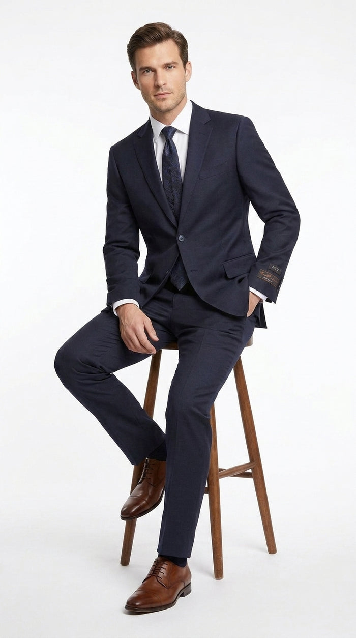 Tiglio Novello Men’s Navy Italian Wool Suit, Super 150s Modern Fit Formal Dress Suit