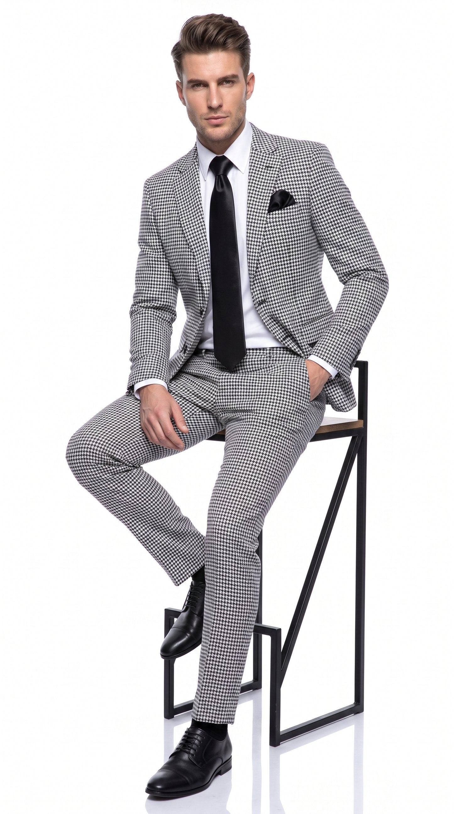 Rossi Man MAX RM1710 Men’s Black and White Houndstooth 3 Piece Suit, Modern Formal Dress Suit
