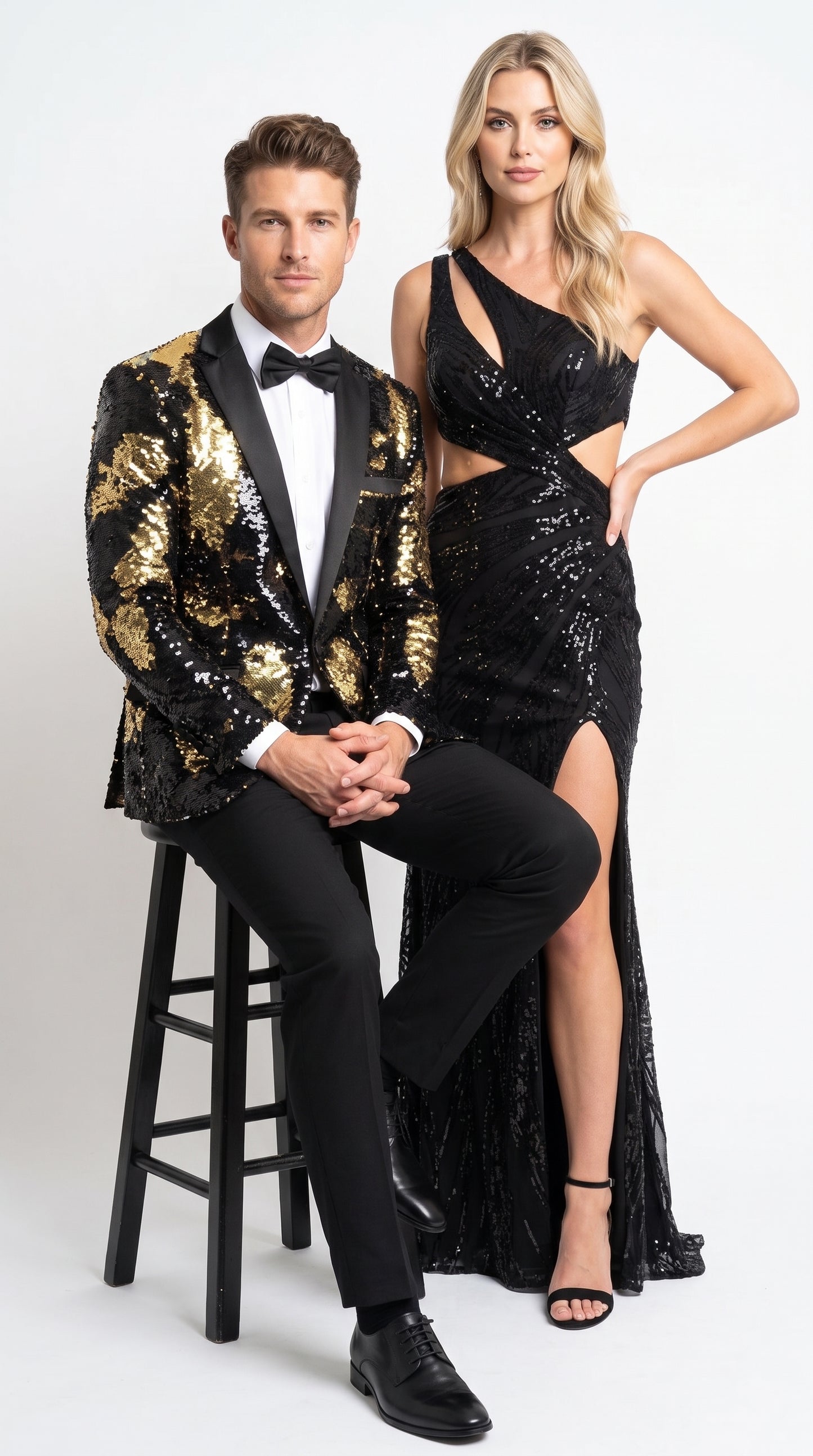 Men’s Black and Gold Reversible Sequin Blazer, Formal Party Dinner Jacket for Prom and Stage Events
