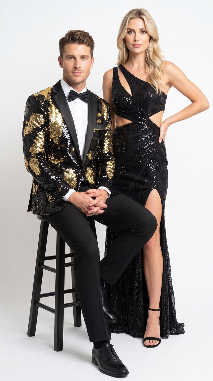 Men’s Black and Gold Reversible Sequin Blazer, Formal Party Dinner Jacket for Prom and Stage Events