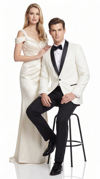Men’s Cream and Black Shawl Lapel Tuxedo Jacket, Designer Formal Dinner Blazer