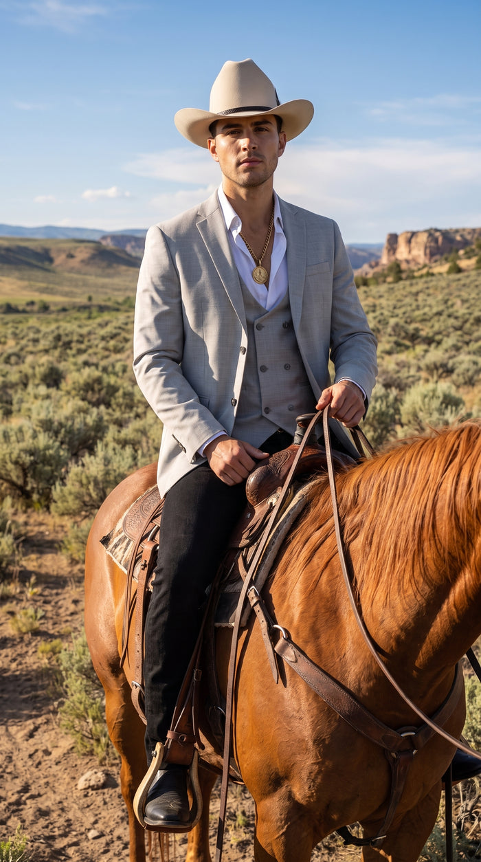 Men’s Light Gray Western Suit Blazer with Double-Breasted Vest – Modern Cowboy Formal Outfit