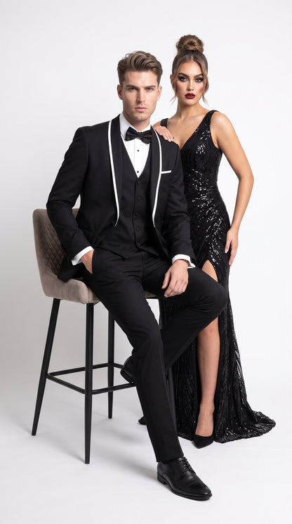 Men's Statement Suits Black 3-Piece Fashion Tuxedo – White Piping Shawl Lapel Wedding, Prom & Formal Dinner Suit