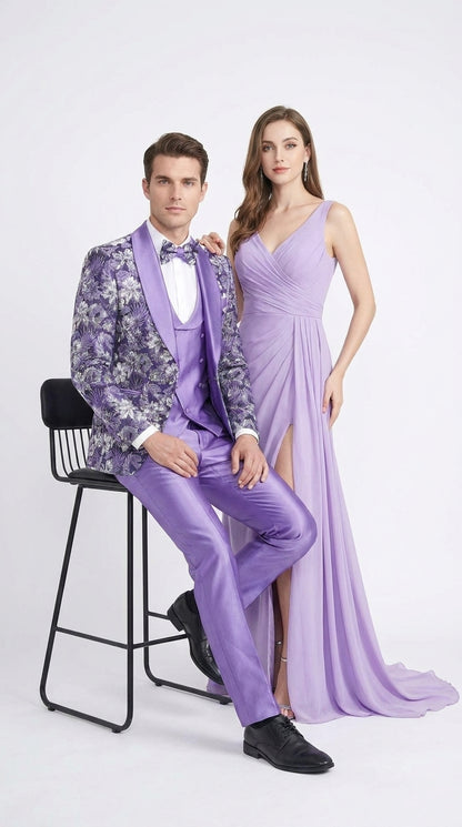 Men’s Purple Floral Prom Tuxedo – Shawl Lapel 3-Piece Wedding and Formal Suit