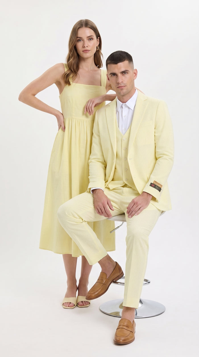 Men’s Yellow Pinstripe Seersucker Suit – 2 Piece Summer Suit Jacket and Pants