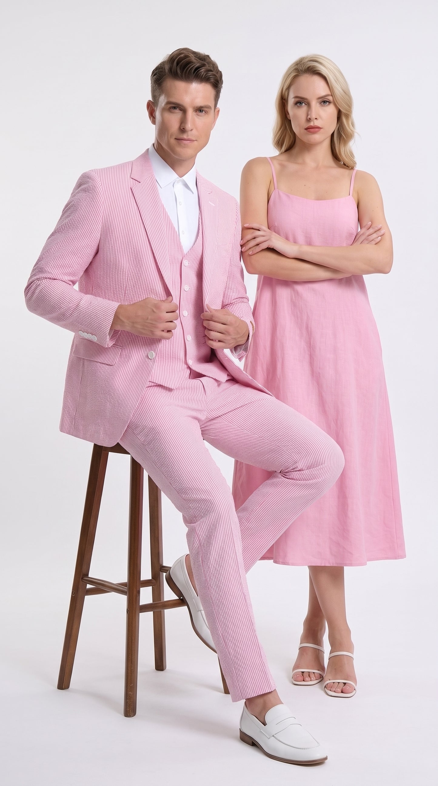 Men’s Red Pinstripe Seersucker Suit – 2 Piece Summer Suit Jacket and Pants