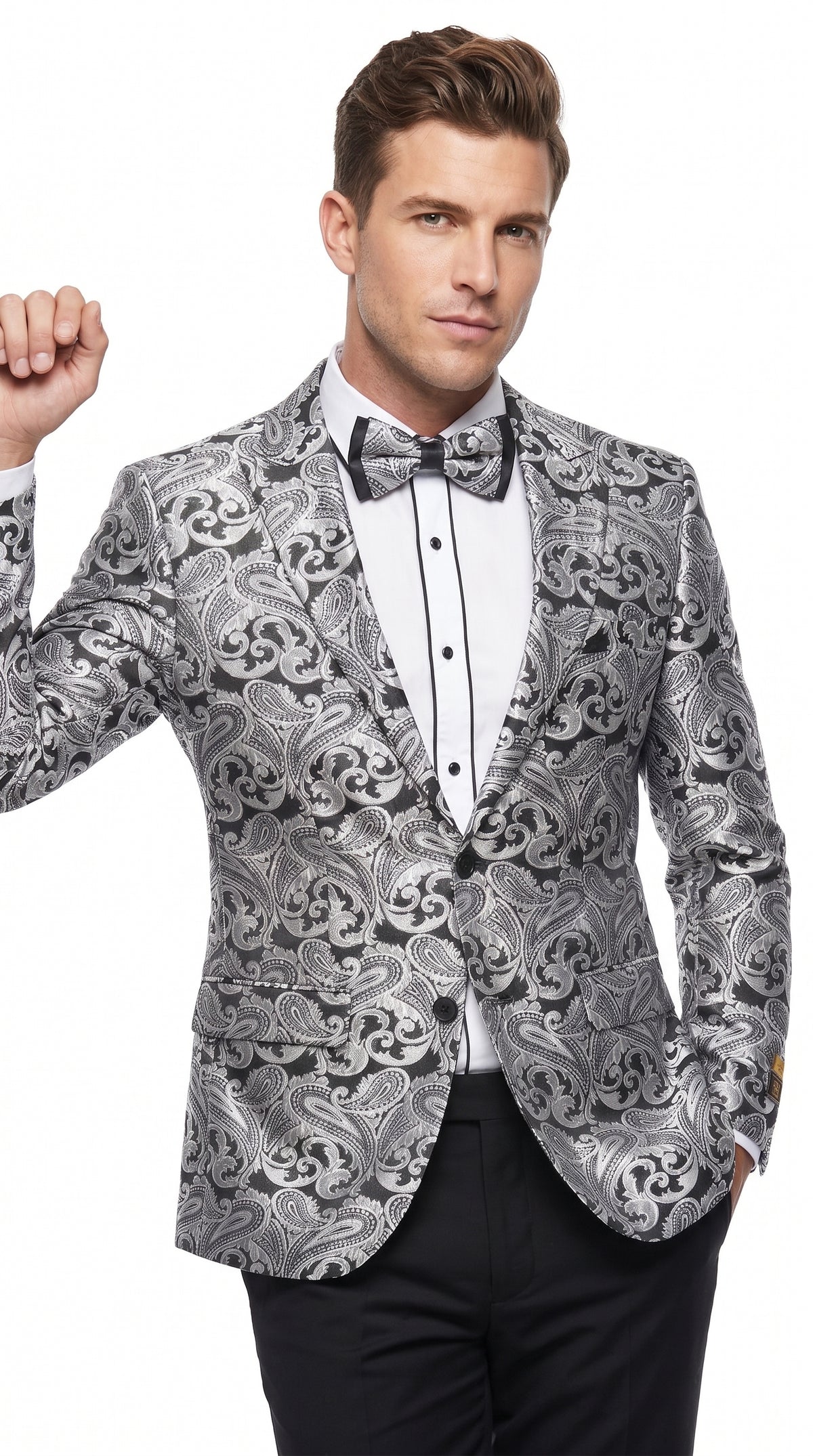 Men’s Silver Grey & Black Paisley Dinner Jacket – Formal Tuxedo Blazer