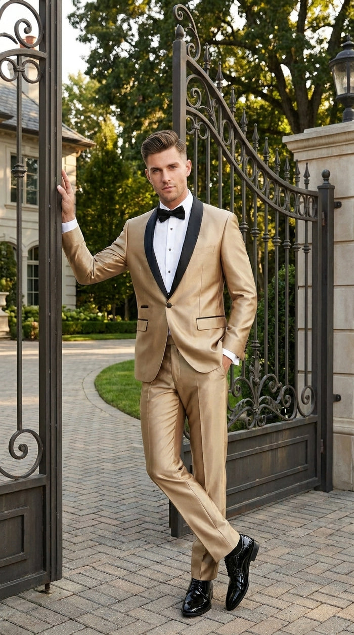 Men’s Gold Shiny Sharkskin Tuxedo with One Button Jacket, Black Shawl Lapel and Matching Pants