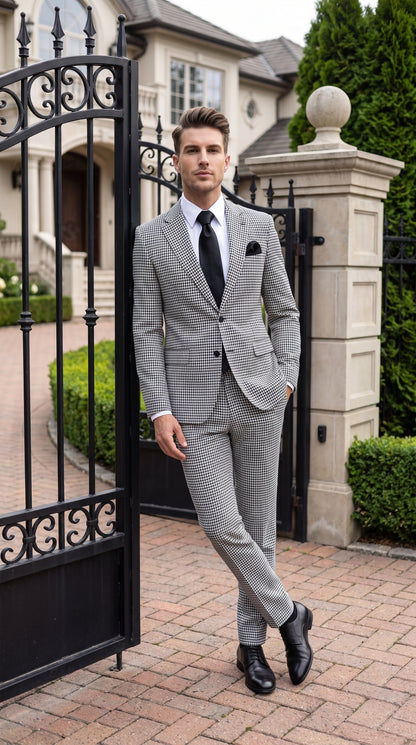 Rossi Man MAX RM1710 Men’s Black and White Houndstooth 3 Piece Suit, Modern Formal Dress Suit