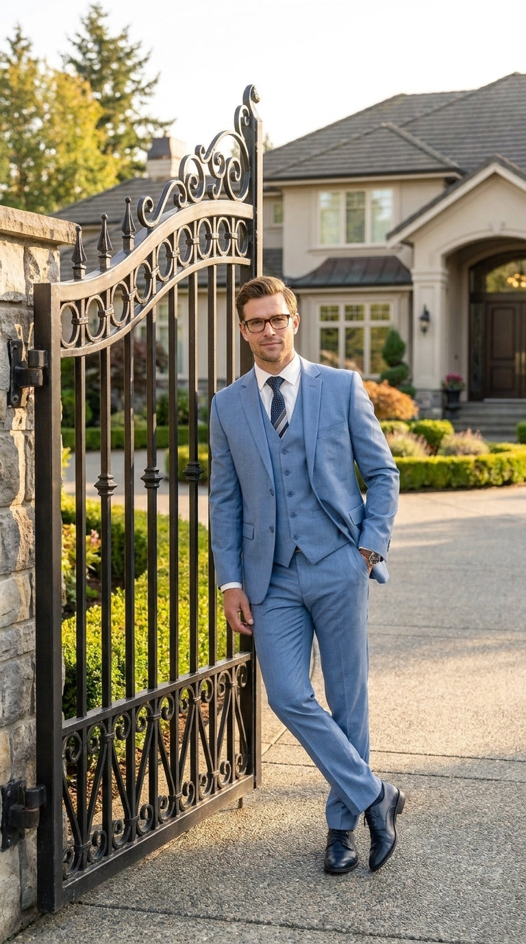 Men’s Steel Blue Sharkskin Textured 3 Piece Suit, Dusty Blue Formal Wedding Dress Suit