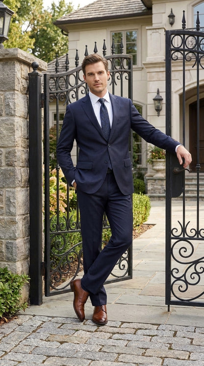 Tiglio Novello Men’s Navy Italian Wool Suit, Super 150s Modern Fit Formal Dress Suit