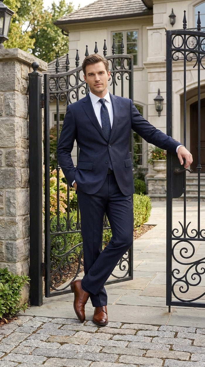 Tiglio Novello Men’s Navy Italian Wool Suit, Super 150s Modern Fit Formal Dress Suit