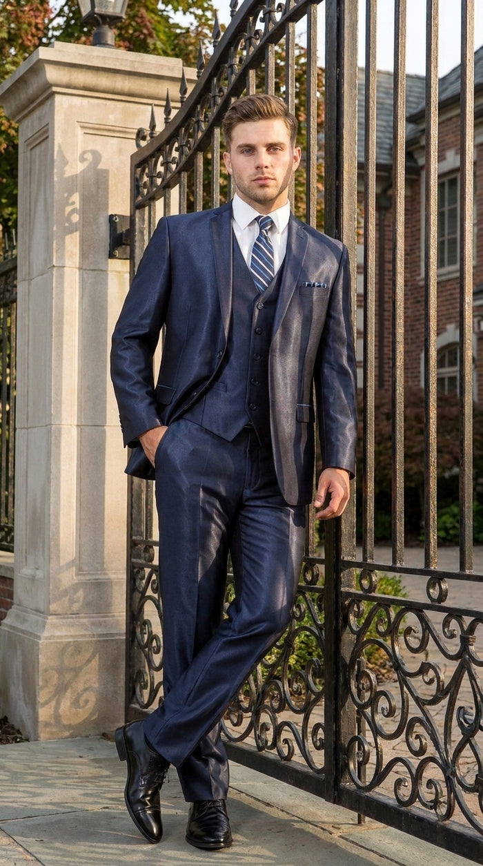 Men’s Navy Shiny Sharkskin Vested Suit, Tazio Formal Wedding Prom Dress Suit