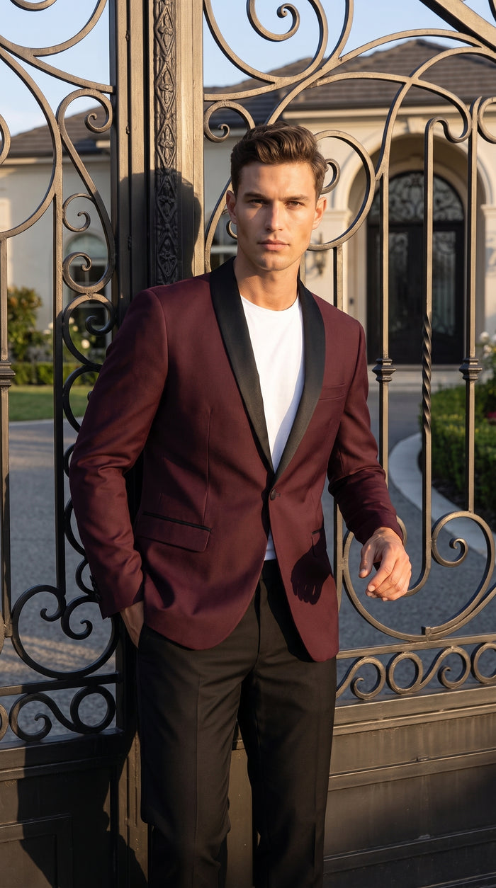 Men’s Burgundy Wool Dinner Jacket with Black Shawl Lapel, 1 Button Formal Tuxedo Blazer