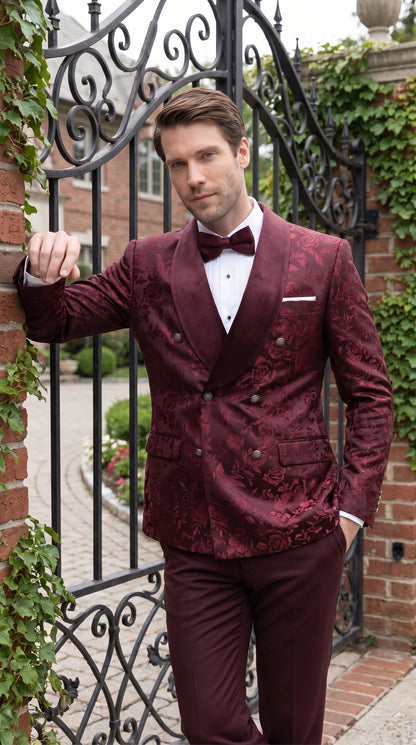 Men’s Burgundy Floral Jacquard Tuxedo Dinner Jacket, Paisley Velvet Lapel Formal Wedding Prom Blazer