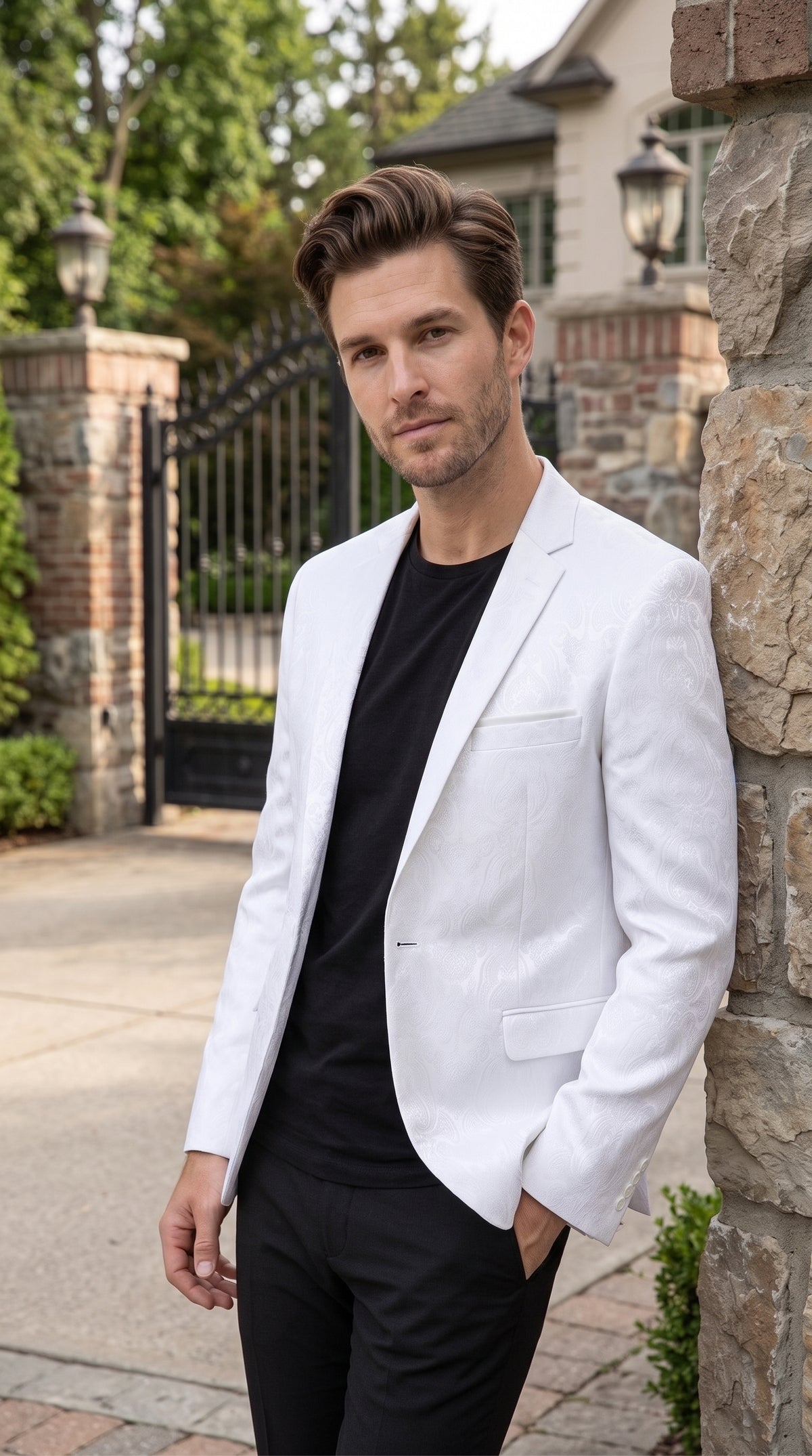 Men’s White Paisley Blazer, Formal Wedding Prom Dinner Jacket with Elegant Jacquard Pattern