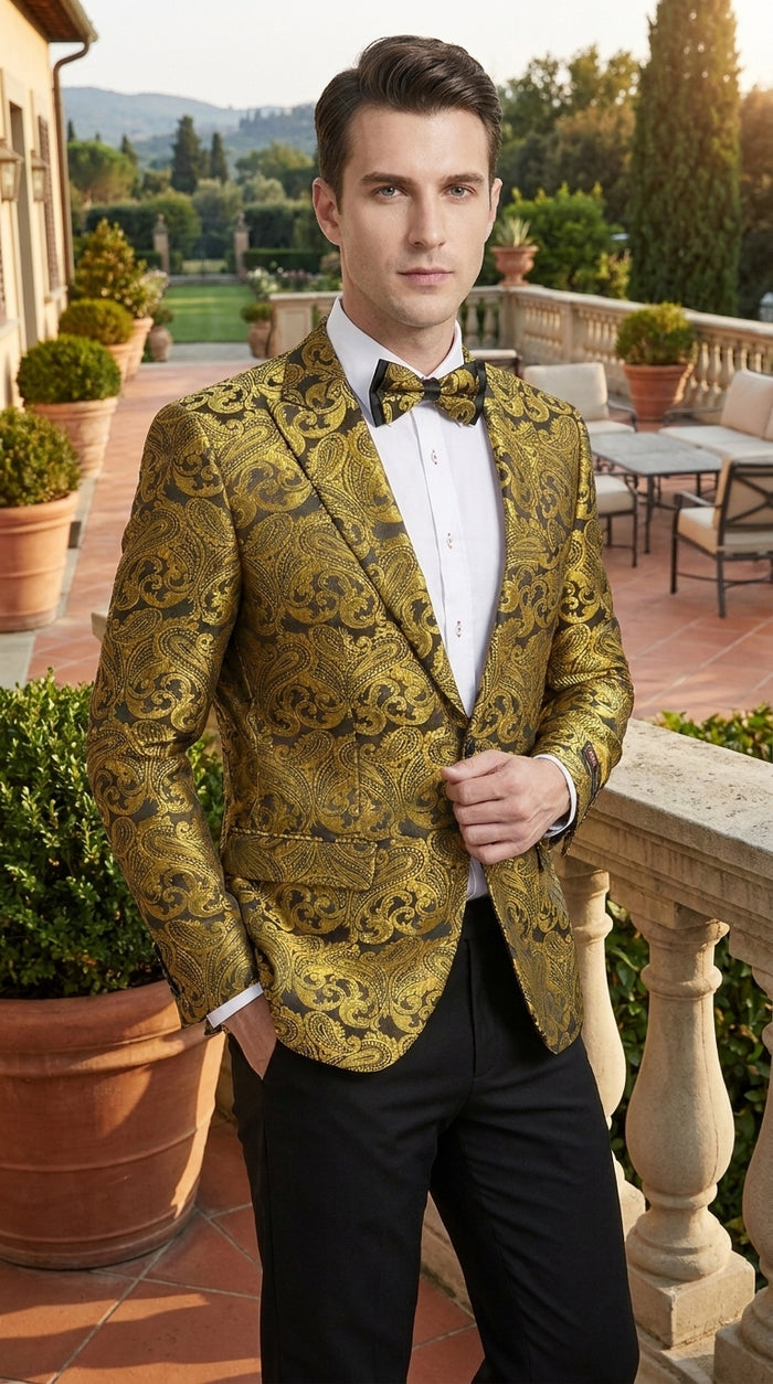 Men’s Gold Paisley Dinner Jacket Blazer – Fancy Formal Wedding Prom Party Tuxedo Jacket