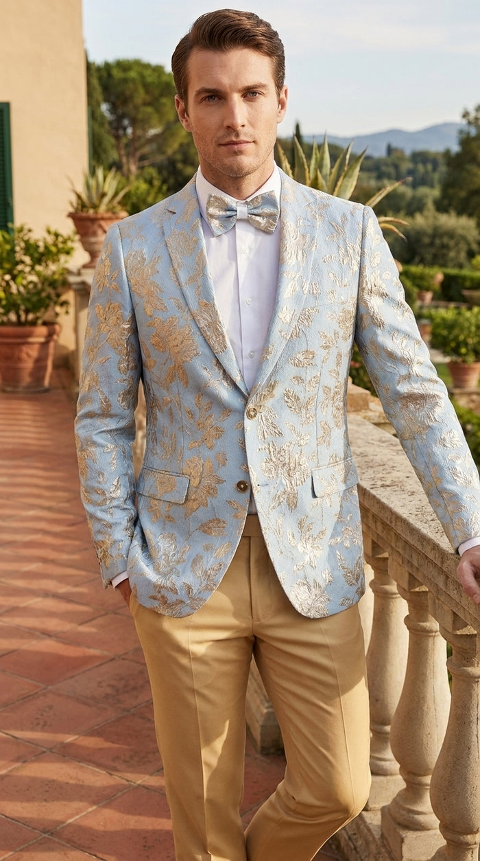 Men’s Sky Blue and Silver Foil Paisley Blazer, 2 Button Prom Wedding Party Dinner Jacket