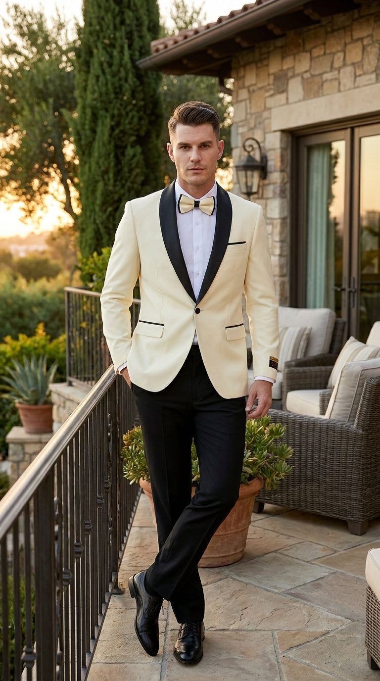 Men’s Ivory Prom Tuxedo Dinner Jacket, Black Shawl Lapel Formal Wedding Blazer