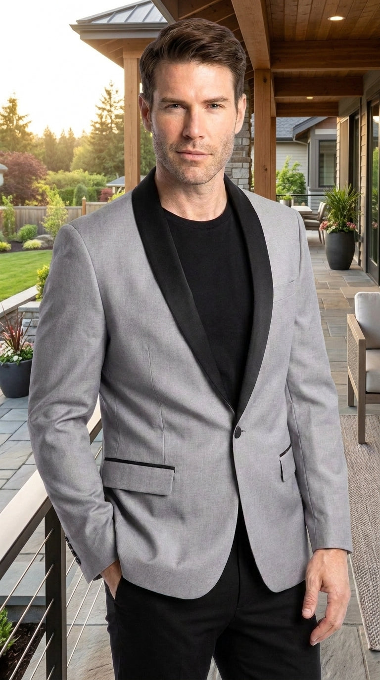 Men’s Light Grey Wool Dinner Jacket, 1 Button Black Shawl Lapel Formal Tuxedo Blazer