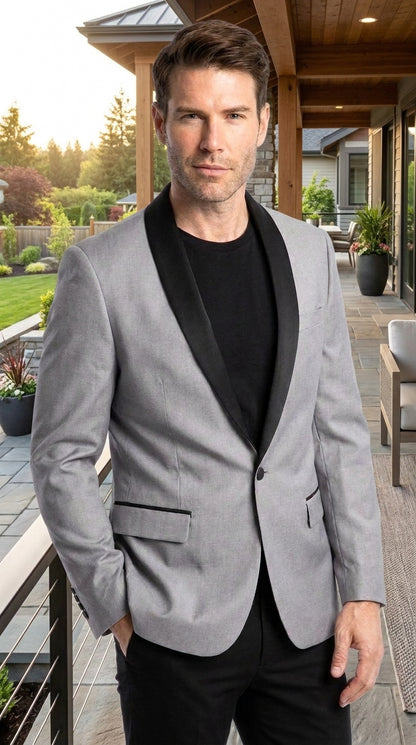 Men’s Light Grey Wool Dinner Jacket, 1 Button Black Shawl Lapel Formal Tuxedo Blazer
