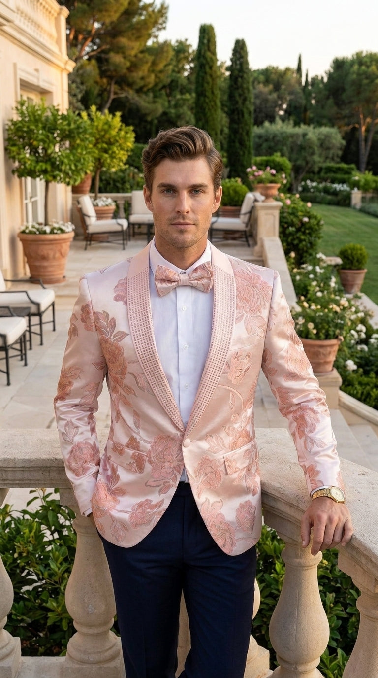 Men’s Pink Satin Paisley Prom Tuxedo Dinner Jacket, Floral Sport Coat Wedding Party Blazer
