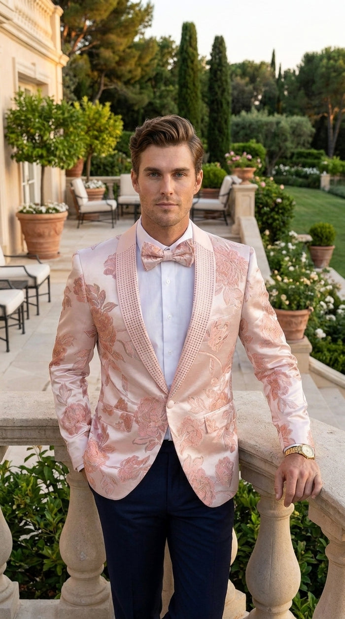 Men’s Pink Satin Paisley Prom Tuxedo Dinner Jacket, Floral Sport Coat Wedding Party Blazer