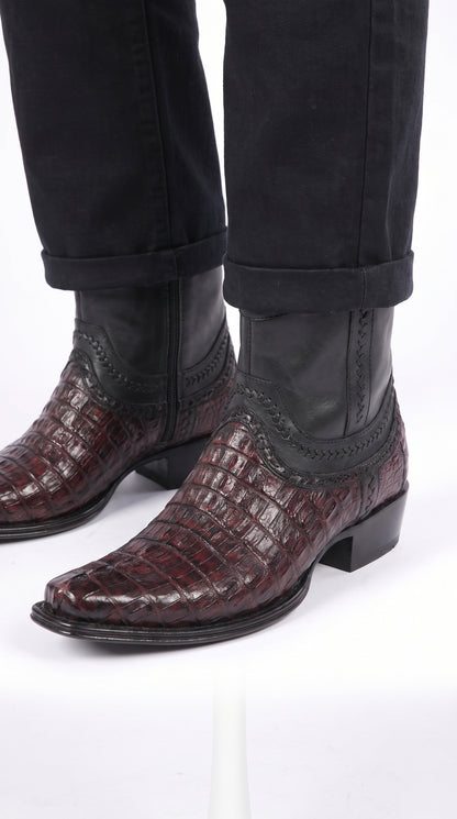 Los Altos Men’s Black Cherry Caiman Tail Low Shaft European Square Toe Boots