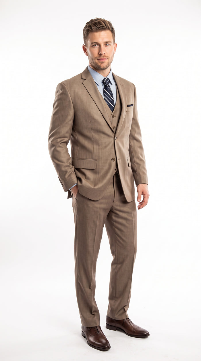 Men’s Tan Classic Fit 3 Piece Suit, Two Button Formal Wedding Business Suit with Vest