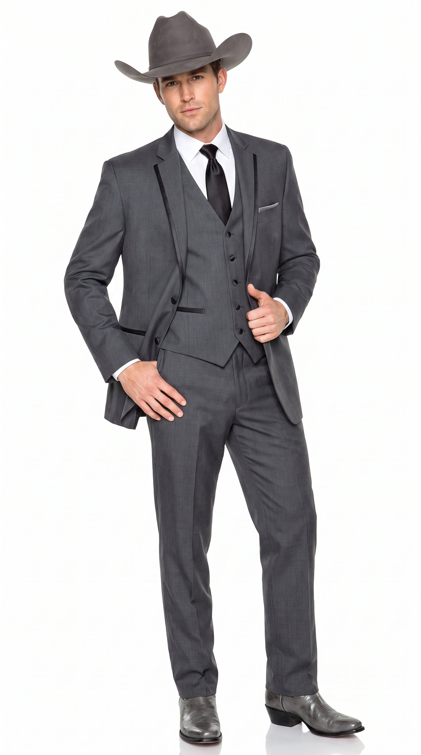 Men’s Charcoal Gray Western Tuxedo Suit, Cowboy Formal Trim Collar Jacket and Pants