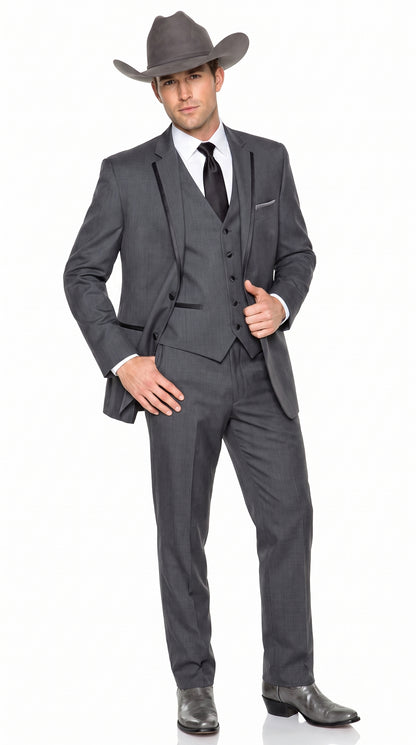 Men’s Charcoal Gray Western Tuxedo Suit, Cowboy Formal Trim Collar Jacket and Pants