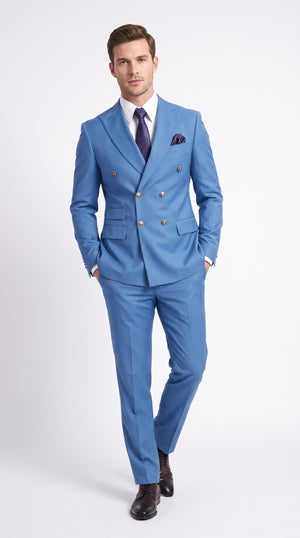 Men’s Sky Blue Double Breasted Suit with Gold Buttons, Designer Formal Wedding Business Suit