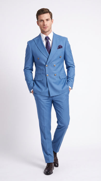 Men’s Sky Blue Double Breasted Suit with Gold Buttons, Designer Formal Wedding Business Suit