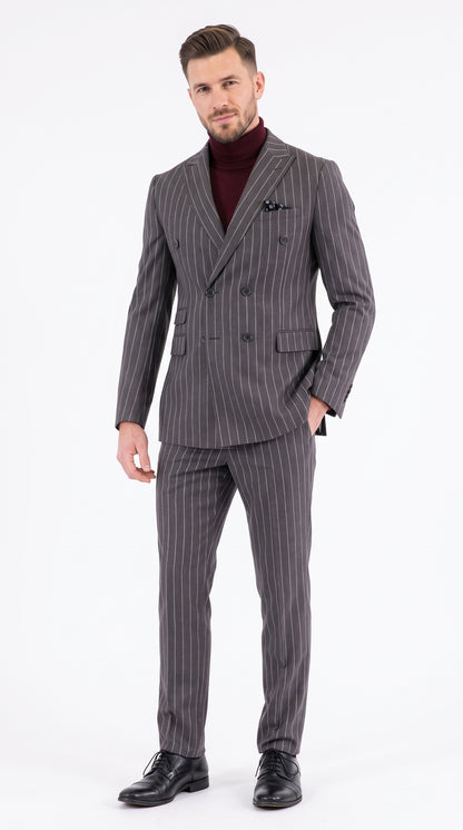 Newbury Men’s Gray Pinstripe Double Breasted Suit, Peak Lapel Formal Wedding Business Suit
