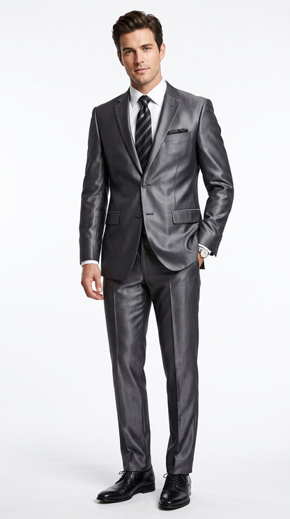 Men’s Gray Silver Sharkskin Suit, Slim Fit Shiny Formal Wedding Business Suit