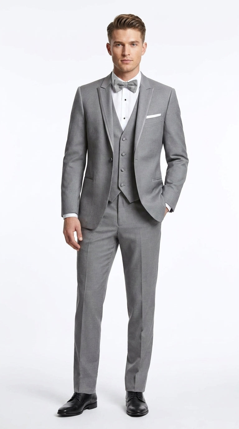 Men’s Light Grey Wedding Tuxedo Suit, Designer Formal Prom Groom Suit with Satin Trim