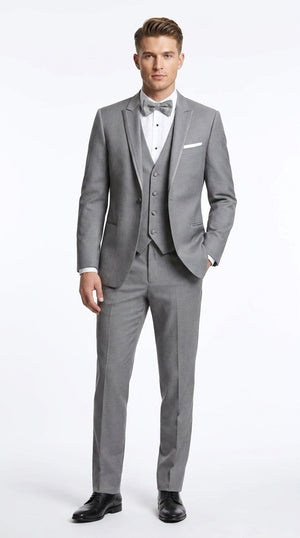 Men’s Light Grey Wedding Tuxedo Suit, Designer Formal Prom Groom Suit with Satin Trim