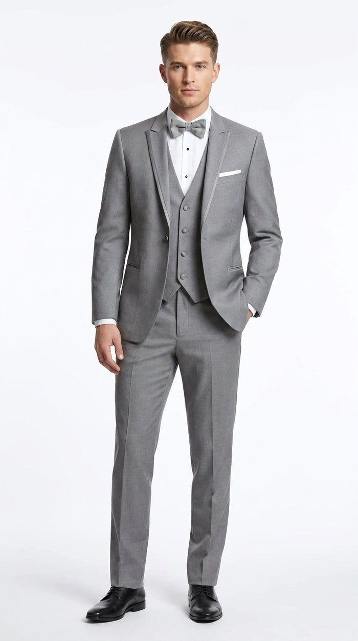 Men’s Light Grey Wedding Tuxedo Suit, Designer Formal Prom Groom Suit with Satin Trim