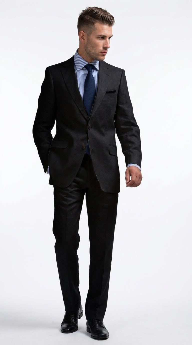 Men’s Black Linen Summer Suit – Big & Tall Beach Wedding 2-Piece Suit