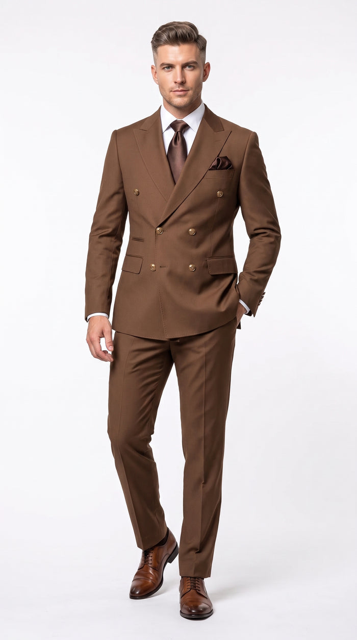 Rossi Man Men’s Brown Double Breasted Suit, Modern Fit Formal Wedding Business Dress Suit